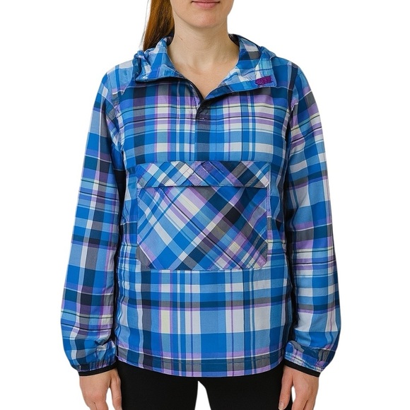 Nike Small Pullover Windbreaker Hooded Blue Plaid Lightweight - Picture 1 of 10